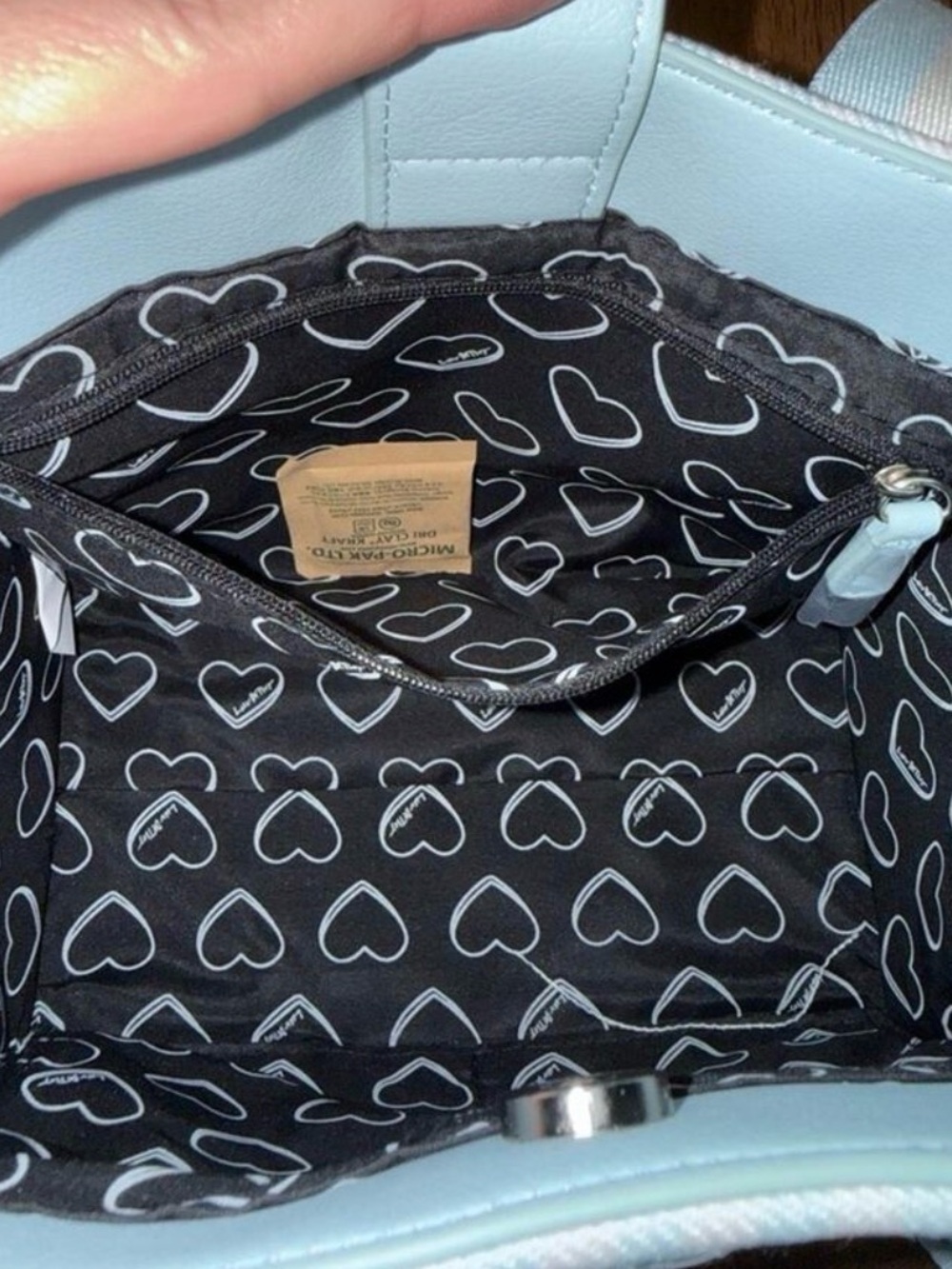 Betsey Johnson Pastel Blue & White Gingham Tote with Heart Charm - Picture 6 of 7